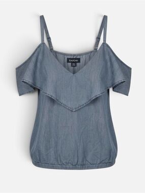 Bebe Chambray Cold Shoulder Ruffle Top Medium